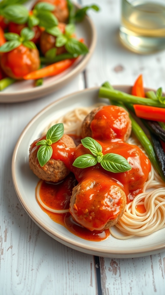 A plate of healthy turkey veggie meatballs with marinara sauce, served over spaghetti and garnished with fresh basil.