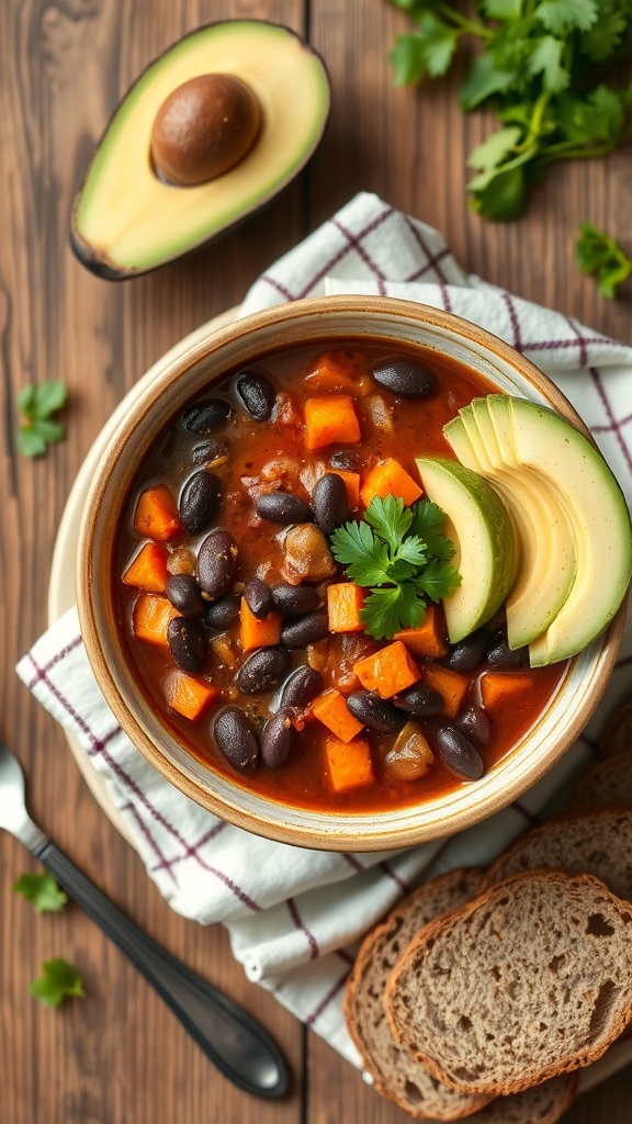 A bowl of sweet potato and black bean chili topped with avocado slices and cilantro, served with slices of bread.