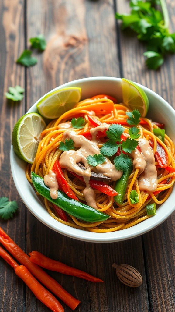 A bowl of Thai peanut noodles topped with colorful vegetables and cilantro