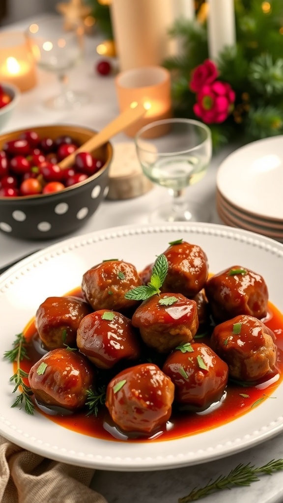 A plate of slow cooked cranberry chili meatballs garnished with herbs, surrounded by festive decorations.