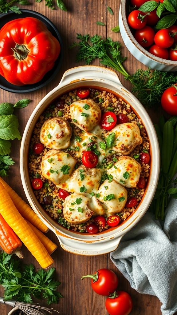 A delicious Chicken & Vegetable Quinoa Bake with melted cheese, cherry tomatoes, and fresh herbs.