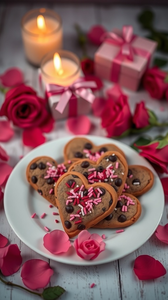 Heart-shaped chocolate chip cookies on a plate with roses and candles