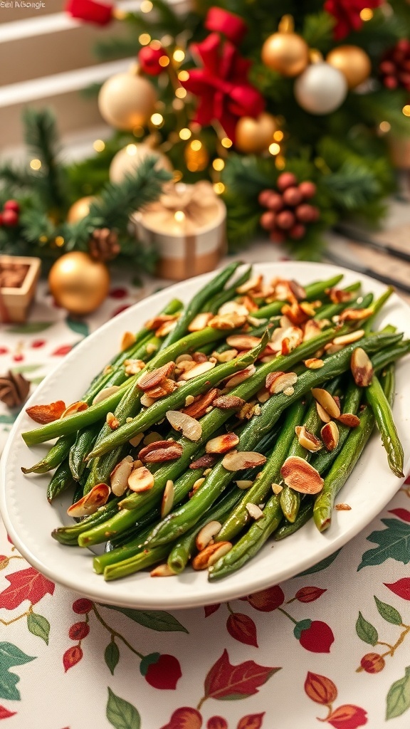 A plate of balsamic glazed green beans with almonds, set against a festive Christmas backdrop.