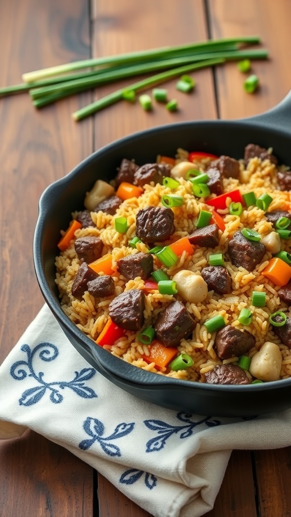 A skillet filled with beef and cauliflower fried rice, garnished with green onions and colorful vegetables.