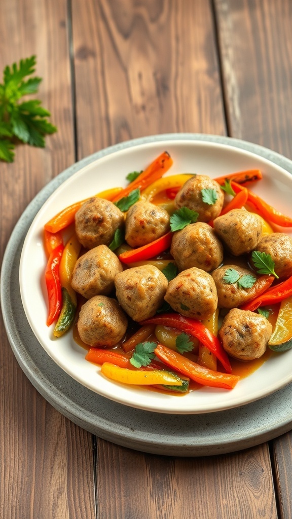 Plate of garlic ginger chicken meatballs with colorful stir fry veggies