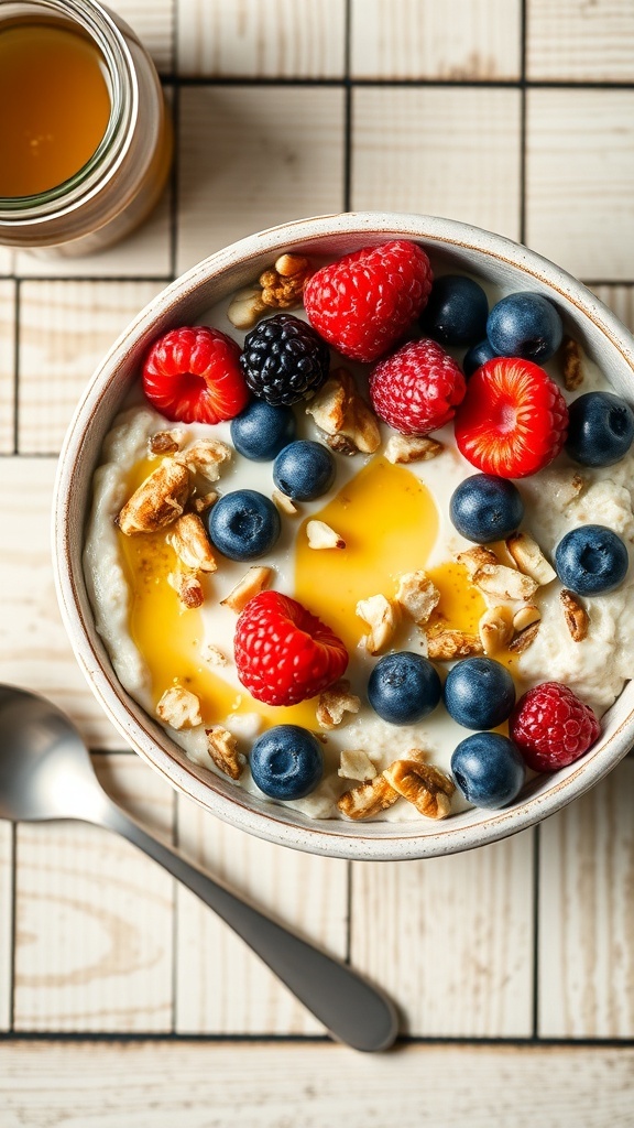 A bowl of Vanilla Greek Yogurt High Protein Overnight Oats topped with berries and nuts