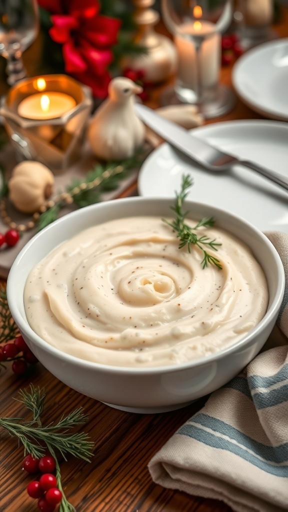 A bowl of creamy roasted garlic cauliflower purée, garnished with herbs, surrounded by festive decorations.