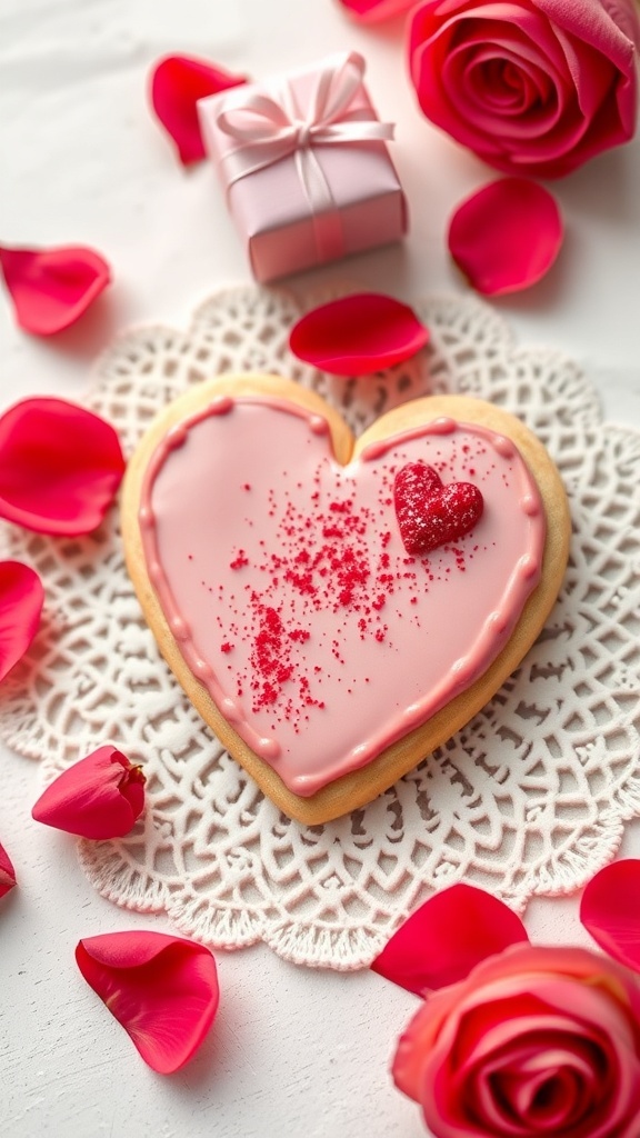 Heart-shaped sugar cookie decorated with pink icing and red sprinkles, surrounded by rose petals and a gift box.