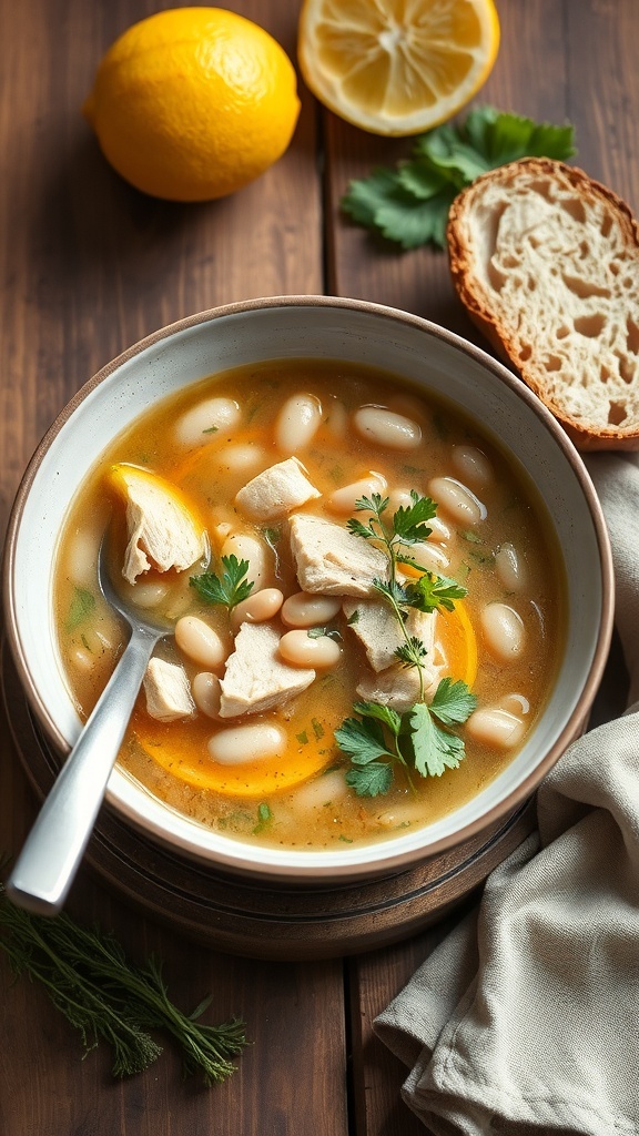 A bowl of lemon chicken and white bean soup with fresh parsley and lemon slices on the side.