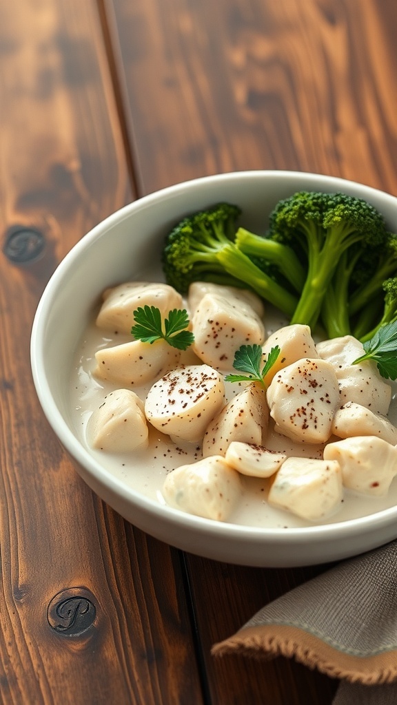 A bowl of creamy chicken alfredo with broccoli on a wooden table.