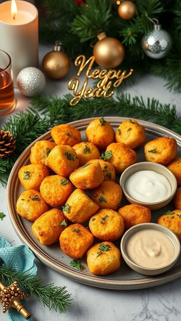 A platter of cheesy mashed potato croquettes with dipping sauces, decorated for New Year's Eve.