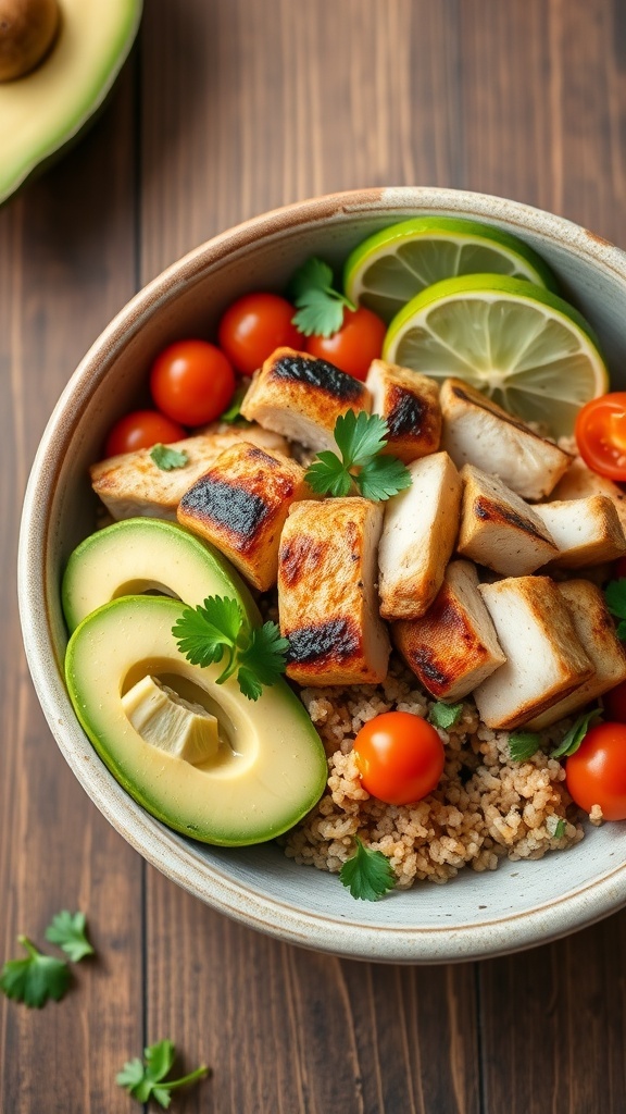 A bowl filled with grilled chicken, avocado slices, cherry tomatoes, and lime on a wooden table.