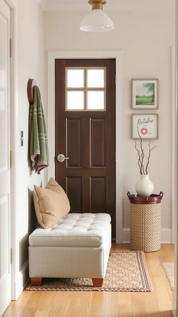 Small Foyer Ideas Entryway A small foyer with a storage bench, a woven basket, and decorative wall art.