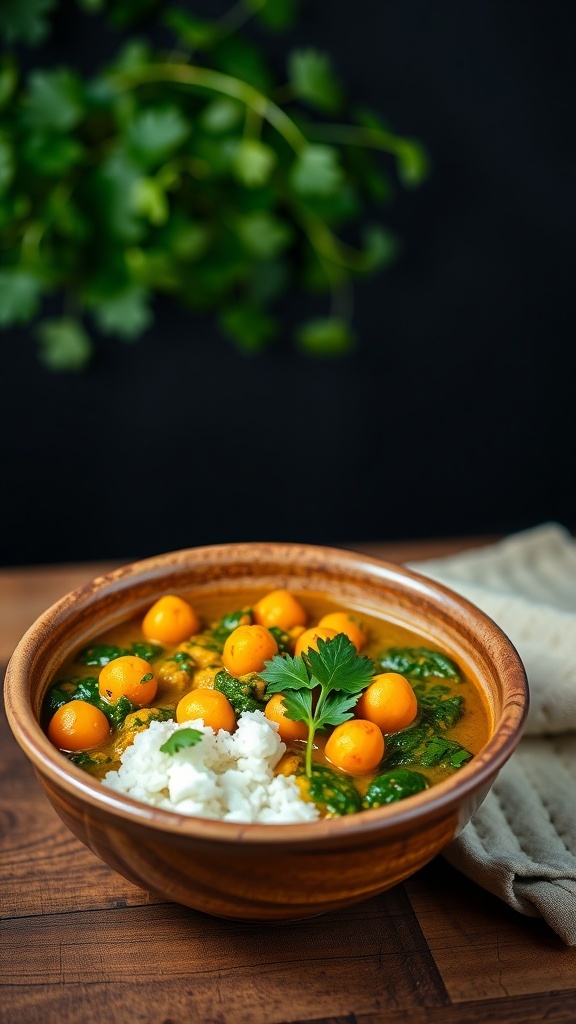 A bowl of chickpea, spinach, and coconut curry with rice, garnished with fresh herbs.