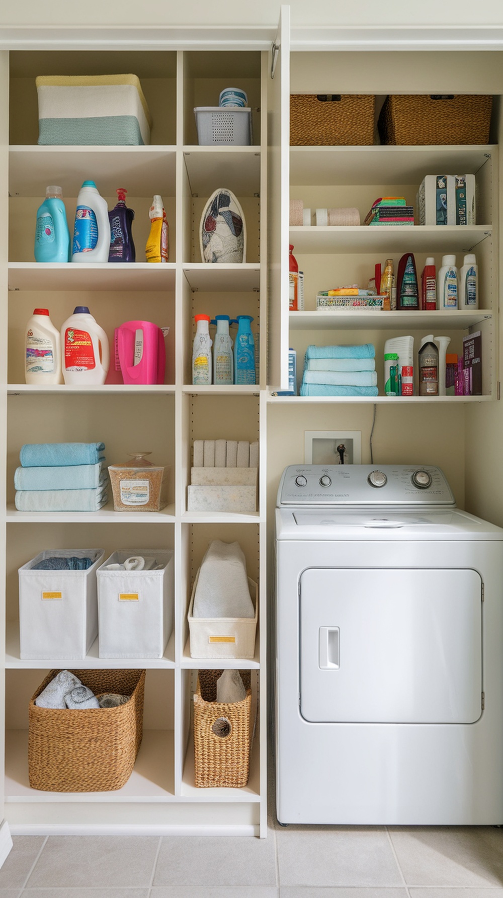 Small Laundry Room Ideas A neatly organized laundry room with vertical shelves filled with cleaning supplies and baskets.