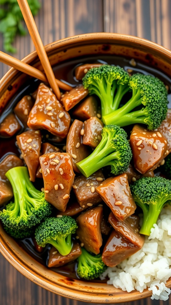 A bowl of ginger sesame beef and broccoli with chopsticks