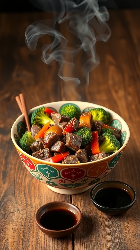 A bowl of sesame ginger beef and broccoli stir fry with steam rising, served with soy sauce on the side.