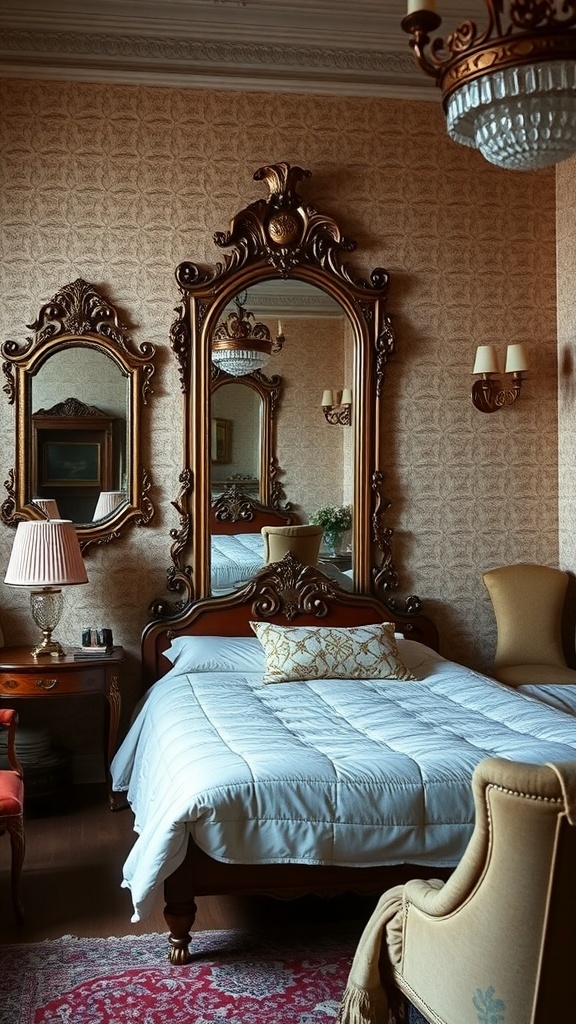 Room Ideas Aesthetic Vintage A vintage bedroom featuring ornate mirrors, a cozy bed, and warm lighting.