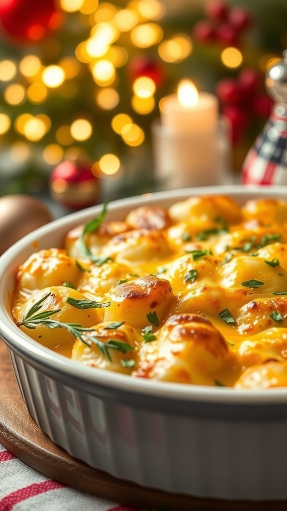 A dish of cheesy scalloped potatoes with a festive background