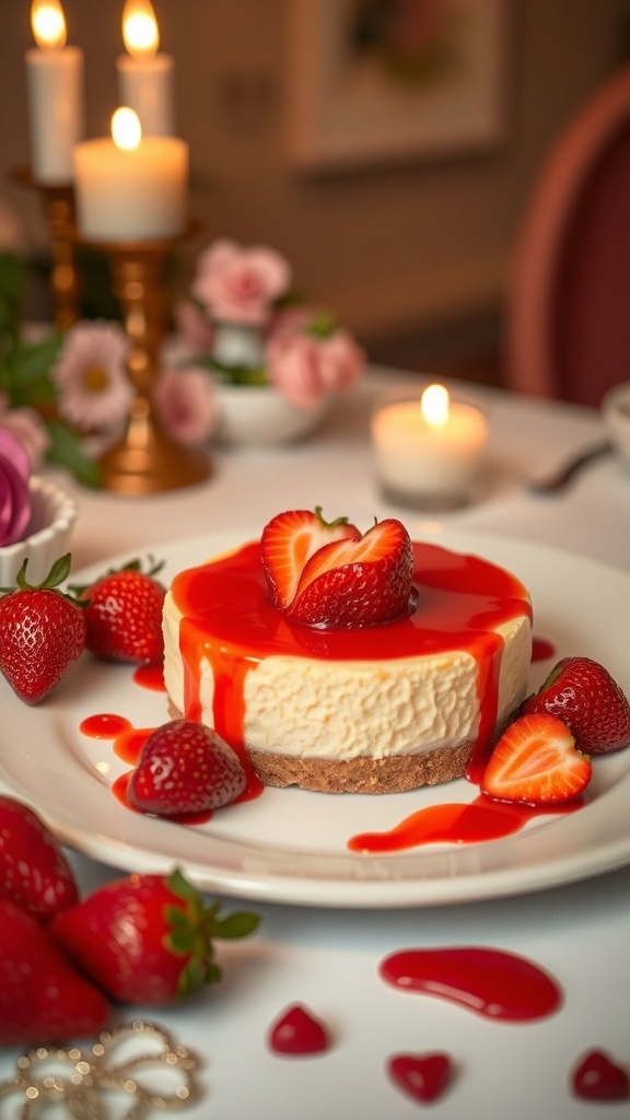 A beautifully presented strawberry cheesecake dessert with fresh strawberries and sauce, surrounded by candles and flowers.