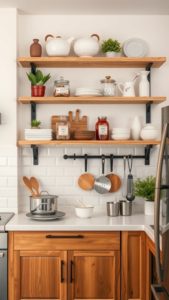 Small Kitchen Remodel Open wooden shelves in a small kitchen displaying dishes, plants, and kitchenware.