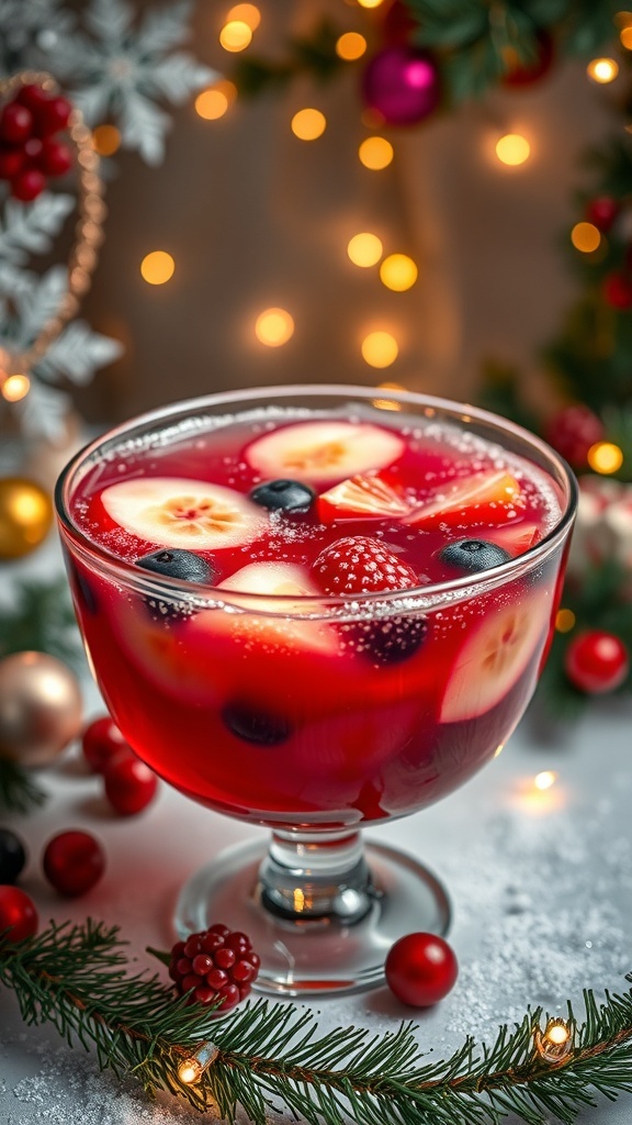 A festive bowl of Sugar Plum Fairy Sparkling Punch with fruits and sparkling bubbles.
