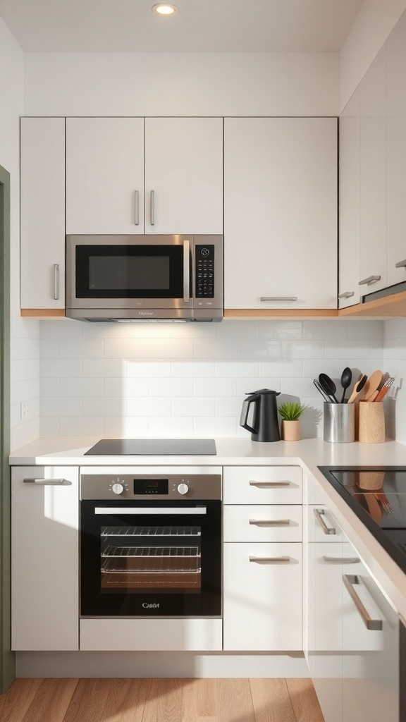 Small Kitchen Remodel A modern small kitchen featuring multi-functional appliances including a microwave, oven, and stovetop.