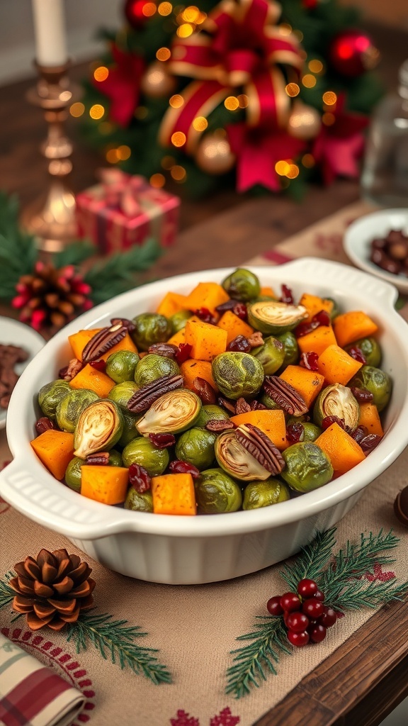 A festive dish of roasted butternut squash and Brussels sprouts with pecans and cranberries, set on a holiday-themed table.