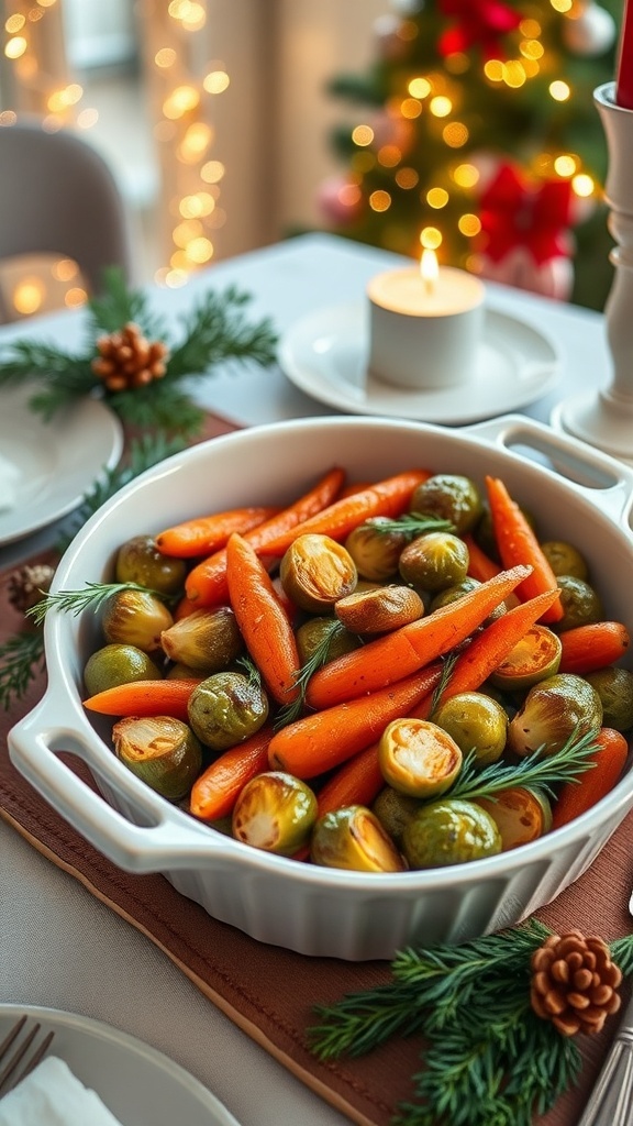 A bowl of roasted maple glazed carrots and Brussels sprouts on a festive table setting