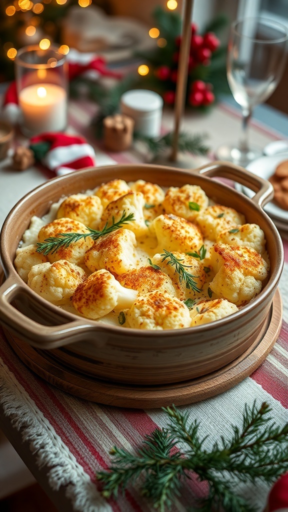 A dish of creamy cauliflower gratin with a golden top, set on a festive table.