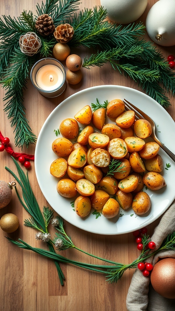 A plate of Parmesan Herb Roasted Baby Potatoes surrounded by Christmas decorations.