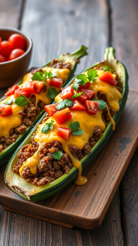 Healthy Mexican Beef Zucchini Boats topped with cheese, tomatoes, and cilantro