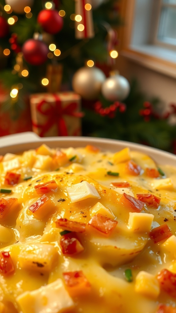 A close-up of cheesy scalloped potatoes with Gruyère cheese, garnished with herbs, in front of a Christmas tree.