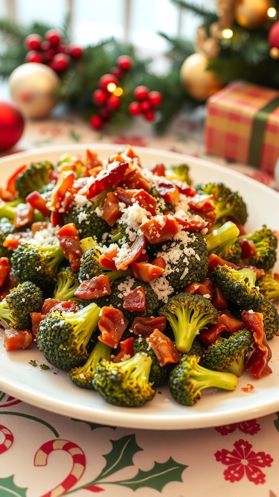 A plate of baked broccoli florets topped with crispy bacon and Parmesan cheese, set against a festive background.