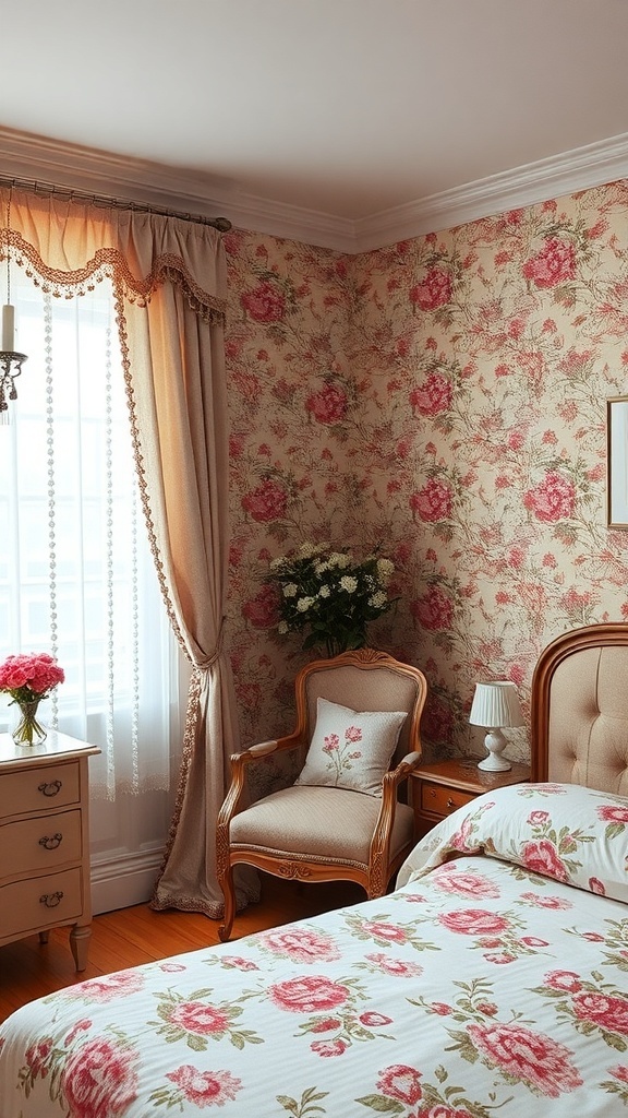 Room Ideas Aesthetic Vintage A vintage bedroom with floral wallpaper, matching bedding, and elegant curtains.