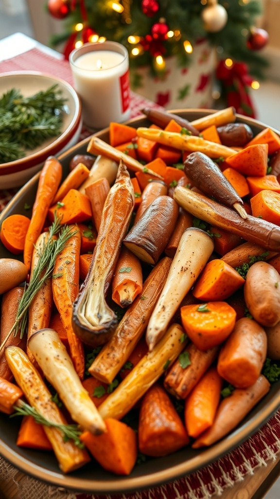 A platter of roasted root vegetables including carrots, parsnips, and sweet potatoes, garnished with herbs, set against a festive background.