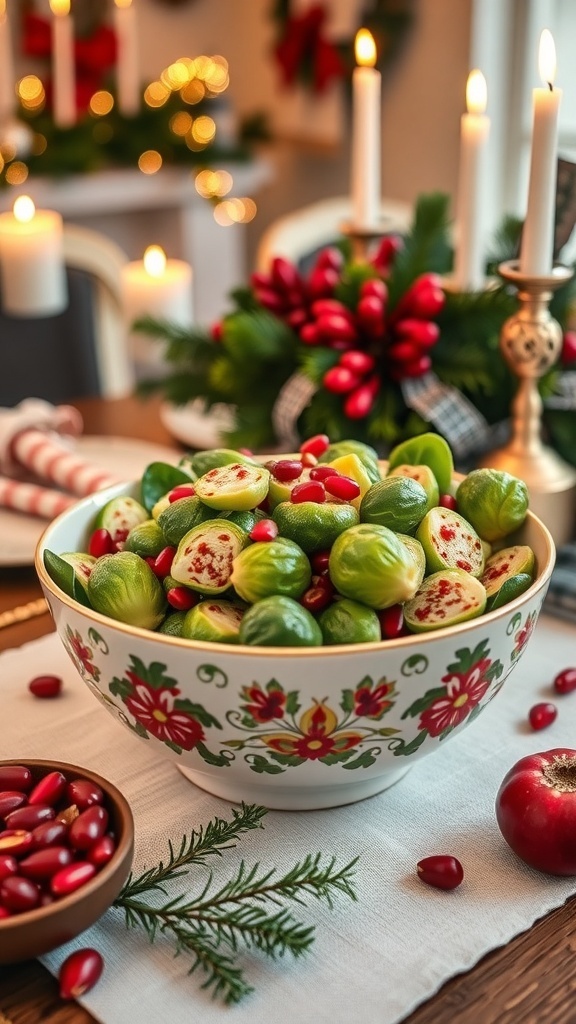 A festive bowl of Pomegranate Brussels Sprouts Salad surrounded by holiday decorations.