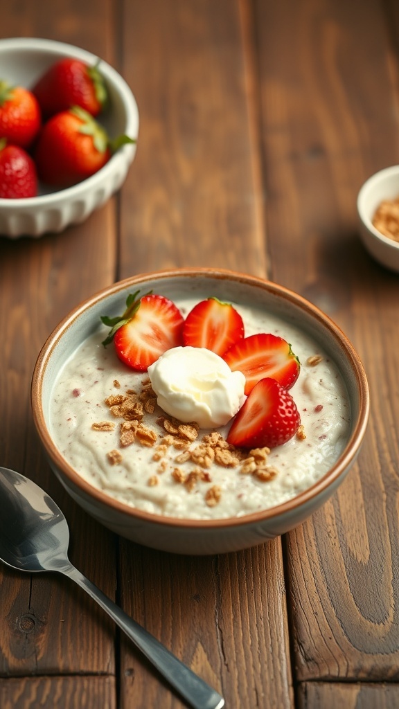 Bowl of strawberry cheesecake overnight oats topped with fresh strawberries and granola