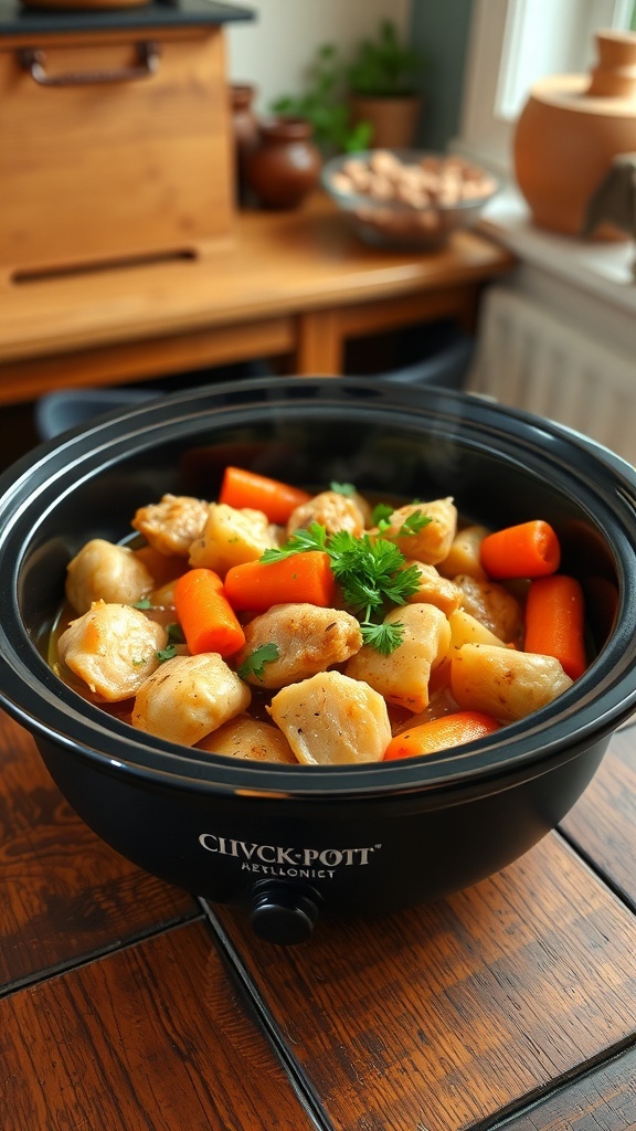 Crockpot filled with honey garlic chicken and carrots, garnished with parsley.