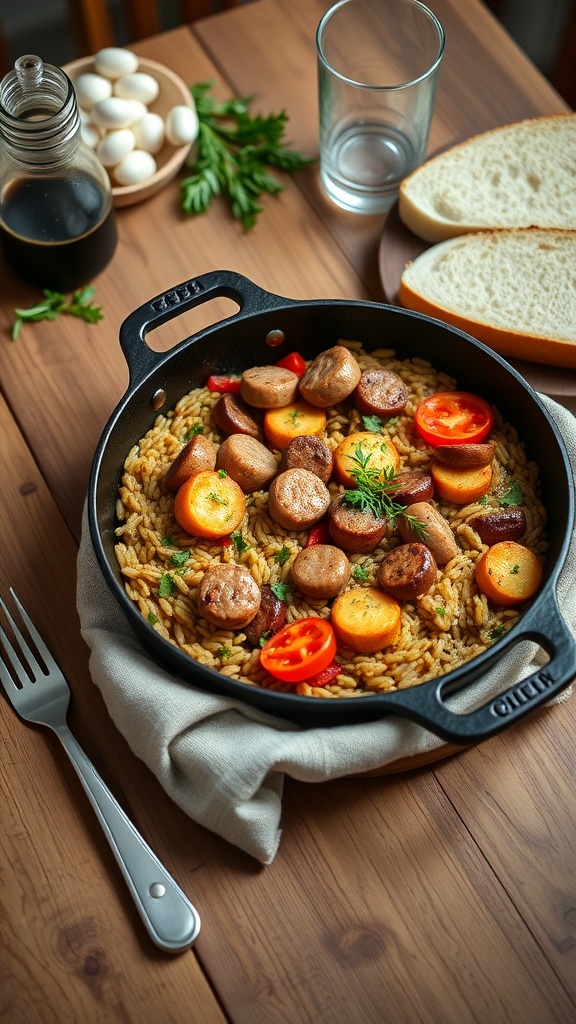 A skillet filled with chicken sausage, vegetables, and orzo pasta, served with bread and a glass of water.