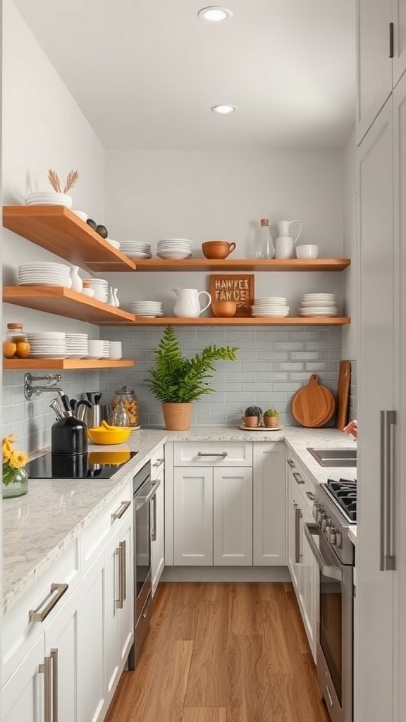 A galley kitchen featuring open wooden shelves with dishes and plants, creating a warm and inviting atmosphere.