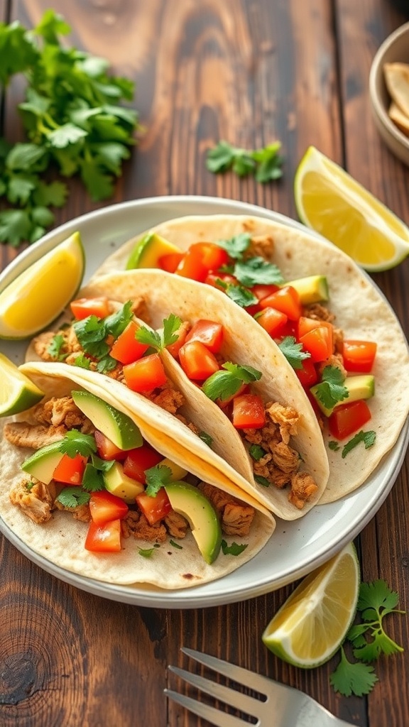 Three tacos filled with chicken, tomatoes, avocado, and cilantro, served with lime wedges on a wooden table.