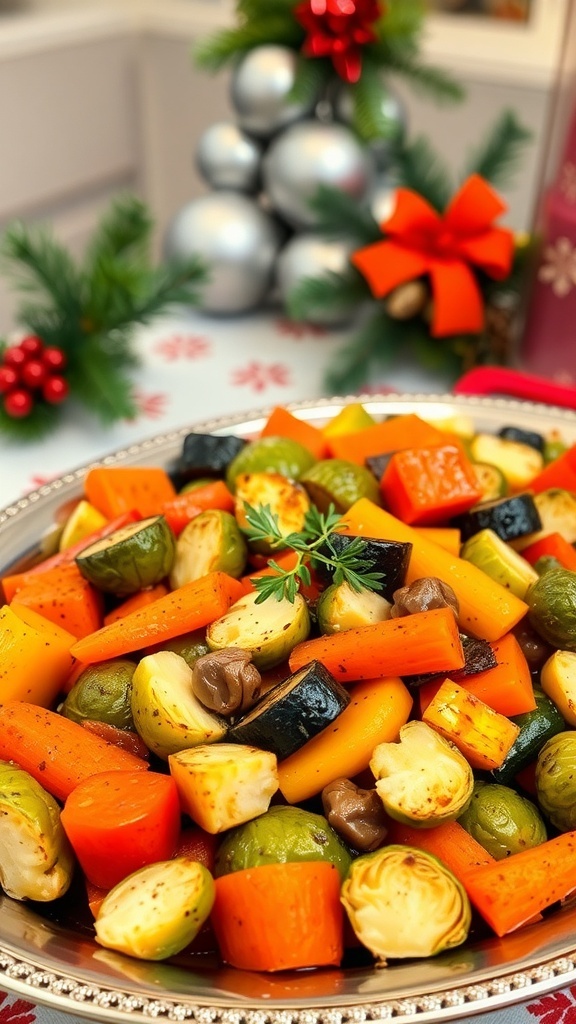 A colorful platter of oven roasted vegetables including carrots, Brussels sprouts, and squash, decorated for Christmas.