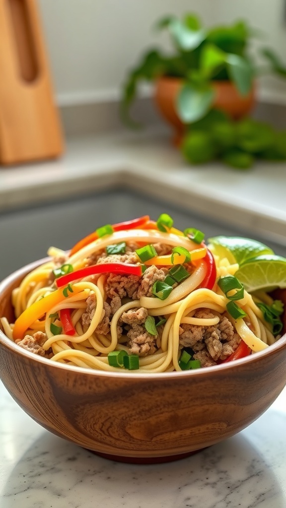 A bowl of ground turkey ginger noodle bowls with colorful bell peppers and green onions.