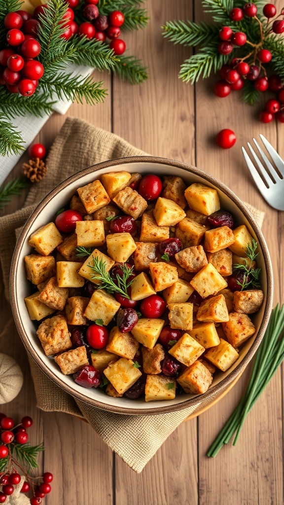 A bowl of cranberry apple sausage stuffing surrounded by festive decorations.