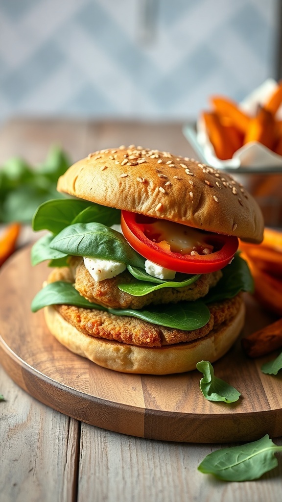 A delicious turkey spinach feta burger with fresh toppings on a wooden plate