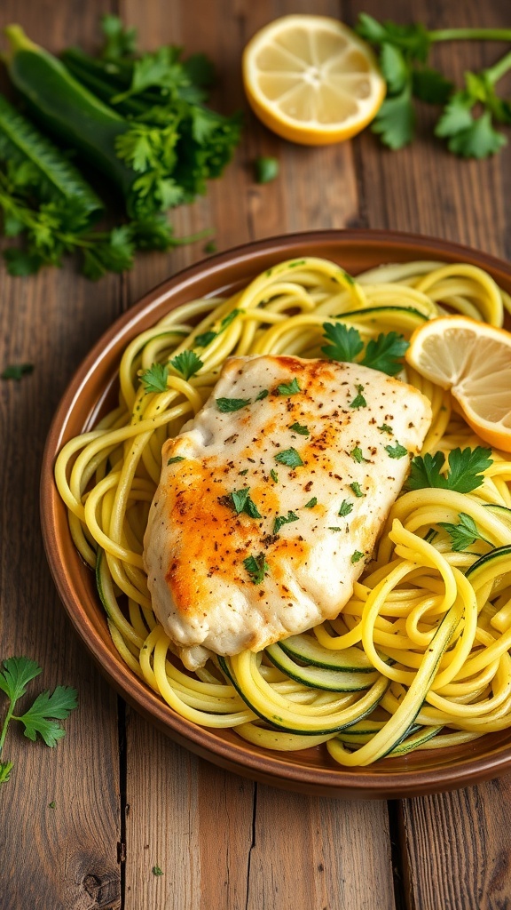 A plate of Healthy Chicken Piccata with Zoodles, featuring chicken breast on a bed of zucchini noodles, garnished with parsley and lemon slices.