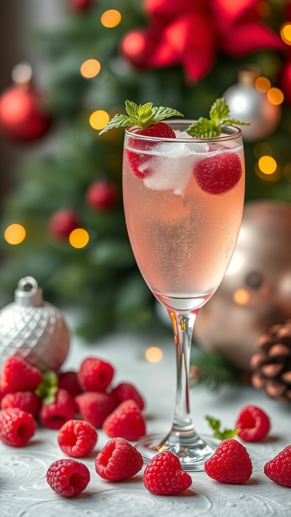 A glass of Sleigh Ride Raspberry Fizz with raspberries and mint leaves, set against a festive background.