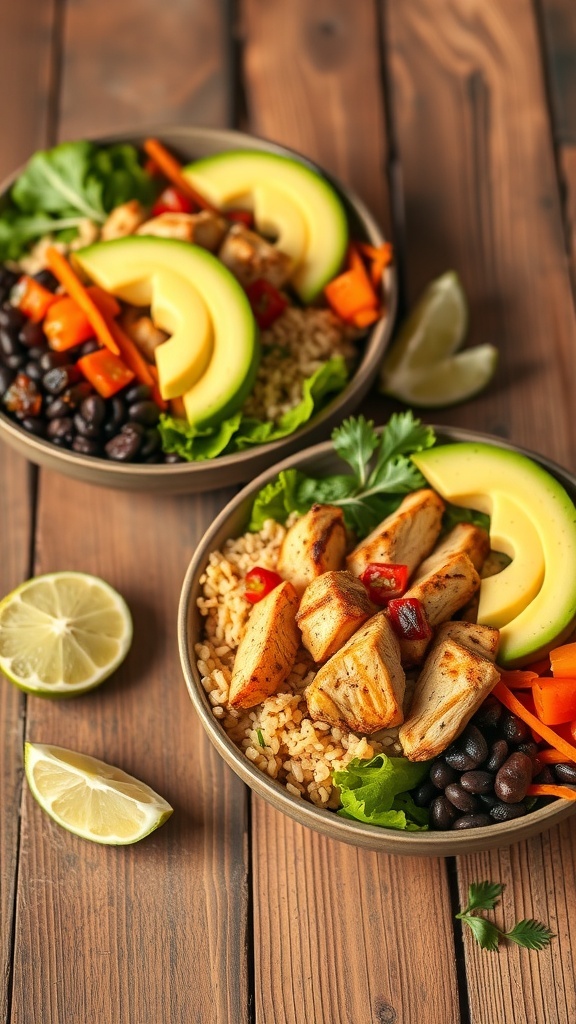 Healthy chicken burrito bowls with grilled chicken, black beans, rice, and fresh vegetables.