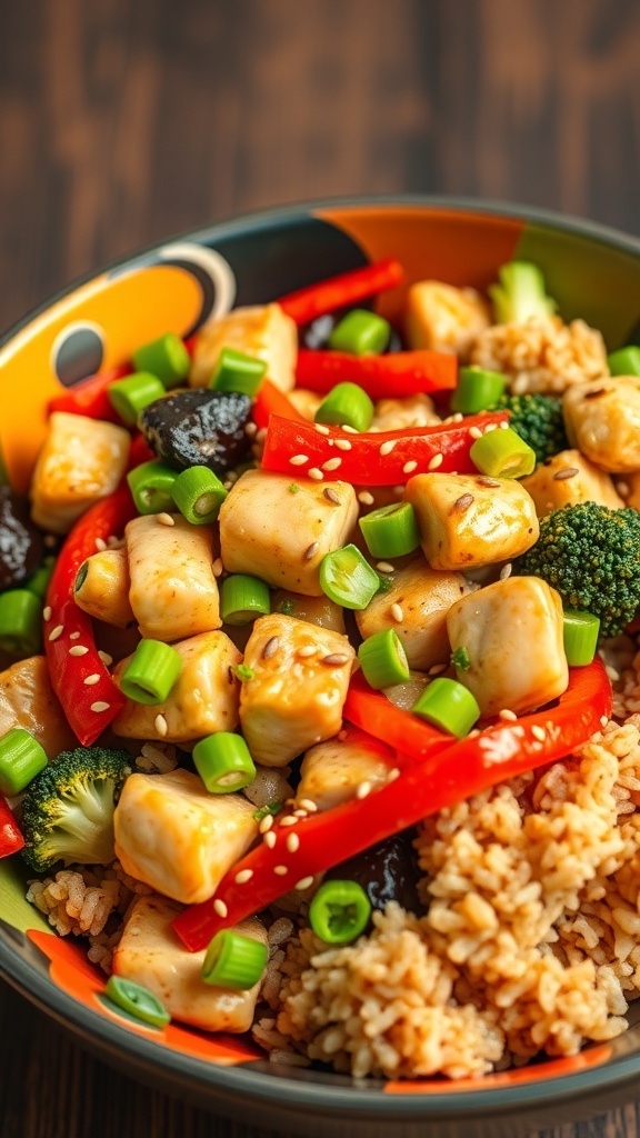A colorful bowl of Chicken & Edamame Stir Fry with rice, topped with green onions and sesame seeds.